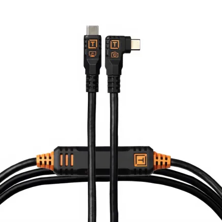 TetherPro Optima 10Gbps USB-C, 4.6m, Black, Straight to Right, Orange Boost