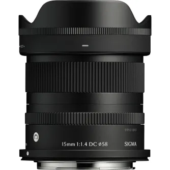 Sigma 15mm f/1.4 DC Contemporary Canon RF APS-C ultraplotis prizmės objektyvas priekis su fokuso žiedu ir apsaugos apdaila