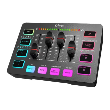 Fifine SC3W audio mixer black - 4 faders, XLR support, RGB backlighting