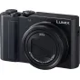Panasonic Lumix TZ300 juodas kompaktiškas fotoaparatas su LEICA 15x zoom objektyvu, 20.1 MP jutikliu, priekinis vaizdas, rodantis 24-360 mm fokuso atstumą ir aukštos kokybės konstrukciją
