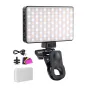 NEEWER BL120B prijungiamasis LED selfių šviesos prietaisas su šiltais baltais LED, lanksčia tvirtinimo sistema, šaltosios pėdos adapteriu, USB įkrovimo kabeliu, šešiais spalvotais filtrais, silikono difuzoriumi ir akumuliatoriau