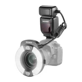 Neewer RF1-C galingumo 76Ws ir GN15 žiedinė blykstė, pritvirtinta prie Canon EOS kameros, užtikrinanti lygų apšvietimą ir kompaktišką dizainą makrofotografijai