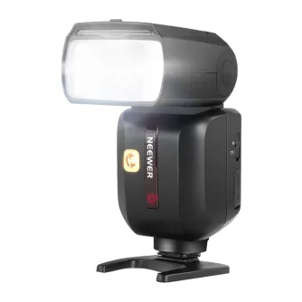 Neewer Z880-N profesionalus blykstė su litijaus baterija, priekinis vaizdas su sukliojamą galvą, vidiniu atspindžiu ir LCD valdymo panele
