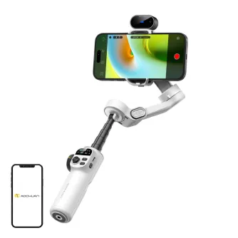 AOCHUAN X2 stabilizatorius su AI sensoriumi, montuojamas ant išmaniojo telefono, rodantis 3 ašių stabilizaciją ir išsikišamą rankenėlę lygiai filmavimui ir dinaminiams kadrams