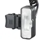 GODOX makro dvigalvė TTL blykstė MF T76C Canon su įjungta difuzine galva, TTL ir HSS palaikymu, šoninis vaizdas su modelio lempute ir karštojo batų valdikliu