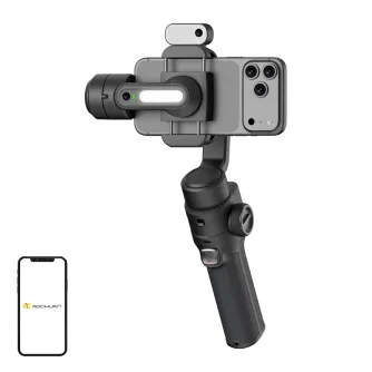 AOCHUAN S3 stabilizatorius su AI jutikliu ir prijungtu telefonu, su priekinio kameros objektyvu, liečiamuoju ekranu ir integruota aliuminio išsikišamąja rankena stabiliai filmavimui ir vlogams