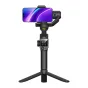 AOCHUAN S3 Gimbal su AI jutikliu, juodo modelio, su liečiamu valdymo pultu ir statyvu stabiliai filmavimui su montuojamu telefonu.