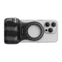 Telesin MagSafe Fun Shot Grip 2 magnetinis laikiklis, pritvirtintas prie išmaniojo telefono iš viršaus, rodantis magnetinį žiedinį tvirtinimą ir ergonomišką dizainą stabiliems vlogams ir fotografijoms