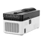 Magcubic HY450 projektorius su 1080p raiška, šoninis vaizdas, pabrėžiantis elegantišką juodai baltą dizainą, jungtis, įskaitant USB ir HDMI, bei integruotą rankeną patogiam transportavimui.