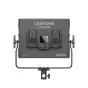 Godox LP600R K2 RGB LED šviesos panelių komplektas su dviem juodais paneliais, viršaus vaizdas rodantis valdymo sąsają ir baterijų skyrius nešiojamame krepšyje