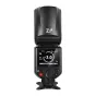 Neewer Z2-S TTL greitasis šviesos Sony kameroms su apšviestu valdymo panele, kurioje matomas 105 zoom lygis ir 3.0 blykstės galia, vaizdas iš viršaus su blykstės galva nukreipta į viršų.