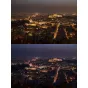 Miesto nakties panoraminis vaizdas iš viršaus, rodantis šviesos taršos poveikį nakties fotografijai su Cokin Nuances Light Pollution CUT Clearsky filtru