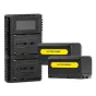 Nitecore NP F Pro komplektas su dviem 5200mAh Sony NP F baterijomis ir USB įkroviklis, baterijų ir įkroviklio priekis kamerų įrangai ir LED apšvietimui