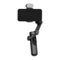 AOCHUAN X Pro stabilizatorius su RGB apšvietimu ir prijungtas su telefonu, juodo modeliu, viršūnės ir šono vaizdas