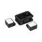 JJC LED OA mini LED šviesos komplektas DJI Osmo Action 5 Pro/4/3 su magnetiniu tvirtinimu, matomi du kompakti LED skydeliai ir pagrindinis šviesos korpusas skirtingais kampais.