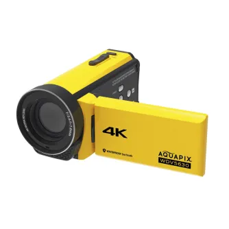 Akvapiks WDV5630 4K vandeniui atspari vaizdo kamera su ultra HD objektyvu, geltonu korpusu ir šoninė maitinimo valdymo sistema, skirta vandens ir lauko nuotraukoms