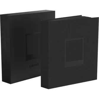 Polaroid Studio kavinės stalo fotoalbumas su juodu linu viršeliu ir kvadratiniu nuotraukų langeliu, uždarytos ir atidarytos dėžutės vaizdai