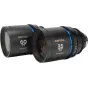 Laowa Proteus 2X Anamorfiniai 35 mm ir 60 mm kinokamera objektyvai su T2 atvėrimu, juodi ir mėlyni, šoninis vaizdas, rodantis priekinius ir galinius objektyvo elementus profesionaliam filmavimui