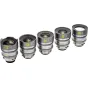 NiSi Athena Prime Rewind PL prijungimo kinematografijos objektyvų komplektas su 14mm, 25mm, 35mm, 50mm ir 85mm fokusuotėmis, rodantis retro stiliaus optiką ir modernią PL prijungimo suderinamumą profesionaliam filmavimui.