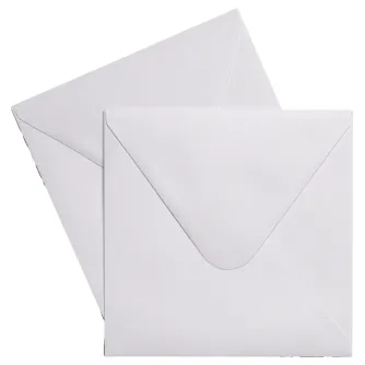 Focus baltas kvadratinės vokas 160x160 mm, 100 g/m² rūgšties neįterpiantis popierius, idealus pakvietimams ir dokumentams, rodomas iš priekio ir šono