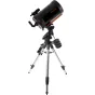 Celestron Advanced VX SCT 11 teleskopas su StarBright XLT danga ir tvirtas ekvatorinės montuotės, šoninis vaizdas rodo tvirtą trikojį ir svorio kompensaciją astrofotografijai ir dangaus stebėjimams