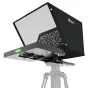 Ikan Aura POE++ PTZ NDI teleprompteris su 19 colių monitoriumi, atvira skydine ir uždegta statuso šviesa, montuotas ant statyvo profesionaliam vaizdo gamybai