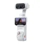 Insta360 Luna Ultra stabilizatorinė kamera Stellar White spalvos su nuimamu OLED lęšiu ekranu, rodančiu portreto vaizdo peržiūrą, 3x didinimu ir dvigubu objektyvu su Leica ženklu.