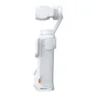 Insta360 Luna Ultra stabilizuotoji kamera šonoje perspektyvoje su nuimamu OLED liečiamuoju ekranu, spalva Stellar White
