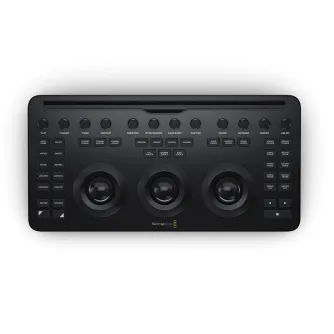Blackmagic Design DaVinci Resolve Micro spalvų koregavimo panelė su vokišku klaviatūros išdėstymu, turinti tris trackball ir preciziškus rankenėlius profesionaliam spalvų koregavimui