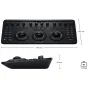 Blackmagic Design DaVinci Resolve Micro spalvos koreguojantis panelis su trimis trackballais ir reguliatoriais profesionaliai spalvų korekcijai, matomas iš viršaus ir šono, su matmenimis (364 mm ilgis, 182 mm aukštis, 48 mm gyli