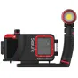 SeaLife SportDiver Pro 2500 požeminio korpuso su 2500 liumenų Sea Dragon LED šviesos šviestuvu, priekis ir šono vaizdas, gylio riba iki 40m (130ft), su didelėmis valdymo mygtukais ir nuimamu spalvos filtru