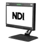 Ikan Aura POE++ 19 colių NDI monitorius priekiniame vaizde: žalias maitinimo indikatorius, NDI logotipas ekrane ir numeruoti talio mygtukai studijai