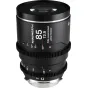 Laowa Nanomorph LF 85mm T2.9 1.5X sidabrinis anamorfinis kino objektyvas su Arri PL/Canon EF prijungimu, rodomas priekis ir priekinė lęšio dalis ir fokuso žymės.