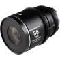 Laowa Nanomorph LF 85mm T2.9 1.5X sidabrinis anamorfinis kinematografinis objektyvas su Arri PL/Canon EF prijungimu, akcentuojant priekį ir fokuso žiedą