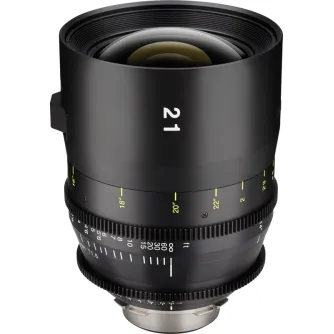 Tokina Vista 21mm T1.5 kinematografinis objektyvas Canon EF - artimas šoninis vaizdas, akcentuojantis fokusavimo ir diafragmos žiedus, bei 9 ašmenų diafragmą