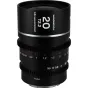 Laowa Nanomorph 20mm T2.2 anamorfinis objektyvas MFT kameroms su 1.5X spaudos santykiu, sidabrinė versija, priekis rodantis 0.8 MOD kino dantratukus ir diafragmos žymes