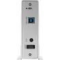 OWC Mercury Elite Pro 20TB išorinis kietasis diskas: užpakalinė pusė su USB 3.2 Gen 5 prijungimo portu ir įjungimo mygtuku greitai perduoti duomenis