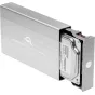 OWC Mercury Elite Pro 20TB išorinis kietasis diskas su įmontuotu 3,5 colio HDD, atidarytas šlifuoto aliuminio korpusas, rodantis vidinį diskų skyrių ir smūgio apsaugos dizainą