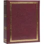 Elegantiškas FOCUS Prestige Minimax 10x15 cm raudonos nuotraukų albumas su auksinėmis ir žaliomis dekoratyvinėmis juostomis, tvirtas viršelis 100 nuotraukoms, idealus vestuvių ir šeimos atminčių saugojimui