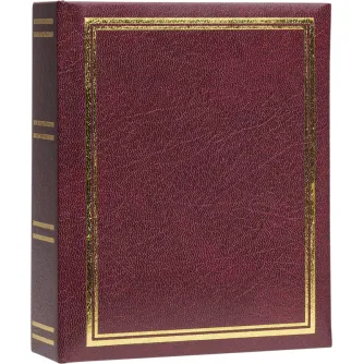 Elegantiškas FOCUS Prestige Minimax 10x15 cm raudonos nuotraukų albumas su auksinėmis ir žaliomis dekoratyvinėmis juostomis, tvirtas viršelis 100 nuotraukoms, idealus vestuvių ir šeimos atminčių saugojimui