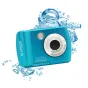 DiFox Aquapix W3027 Wave vandeniui atspari skaitmeninė kamera ledinio mėlyno spalvos, priekis su vandens šlako efektu, pabrėžiantis atsparumą ir galimybę naudoti po vandeniu