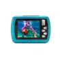 DiFox Easypix Aquapix W3027 Wave vandensatsparus fotoaparatas lediniojo mėlyno spalvą, priekis su 2,7 colų ekranu, rodančiu po vandeniu vaizdą ir narą tarp jūros gyvūnų