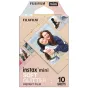 Fujifilm Instax Mini Soft Glitter instantiškos nuotraukos filmo paketas su 10 lapų, atidaryta dėžutė su ryškiomis nuotraukų pavyzdžiais ir blizgančiu rėmeliu