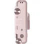 Fudži Instax Mini Evo USB-C fotografijos aparatas užpakalinė pusė malonaus rožinio spalvos su objektyvo ir filmo efektų ratukais, užrakto mygtuku ir USB-C įkrovimo jungtimi.
