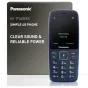 Panasonic KX-TF400EXC mėlynas 4G telefonas su aiškiais mygtukais ir ekranu, šalia originalios pakuotės, pabrėžiančios aiškią garso kokybę ir patikimą energijos tiekimą
