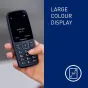 Panasonic KX-TF400EXC kompaktinis mobilusis telefonas su dideliu 2.4 colių spalvotu ekranu ir taktiliniais klavišų mygtukais, rodantis aiškią ekrano sąsają.
