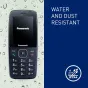 Panasonic KX-TF400EXC mėlynas mobilusis telefonas su IP44 vandens ir dulkių atsparumu, priekinis vaizdas su ekranu ir klaviatūra