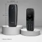 Panasonic KX-TF400EXB mobilusis telefonas su 2,4 colio spalvotu ekranu, taktiliniais mygtukais ir kompaktišku dizainu - priekio ir galinės pusės vaizdas su matmenimis ir svoriu 110 gramų