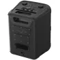 Panasonic SC-BMAX5E-K 75W nešiojamasis šventės garso stiprintuvas su valdymo pultu, kuriame yra rankenėlės, mygtukai ir LED ekranas, integruota rankena ir įvairios įvesties/išvesties jungtys, įskaitant AUX IN, AUX OUT, USB, opti
