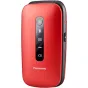 Panasonic KX-TU550EXR raudonos spalvos sukiamasis telefonas: užpakalinė pusė su kamera, greitosios pagalbos mygtuku ir USB-C įkrovimo prievadu
